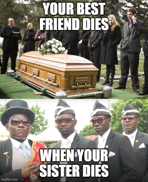 Die | YOUR BEST FRIEND DIES; WHEN YOUR SISTER DIES | image tagged in coffin dance | made w/ Imgflip meme maker