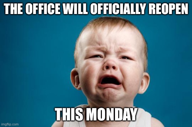 BABY CRYING | THE OFFICE WILL OFFICIALLY REOPEN; THIS MONDAY | image tagged in baby crying,memes,funny,true story | made w/ Imgflip meme maker