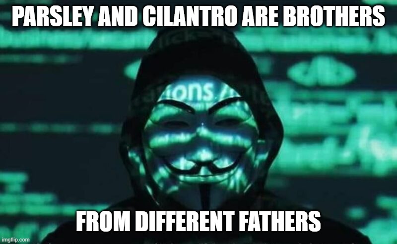 Anonymous 20202 | PARSLEY AND CILANTRO ARE BROTHERS; FROM DIFFERENT FATHERS | image tagged in anonymous,yes | made w/ Imgflip meme maker