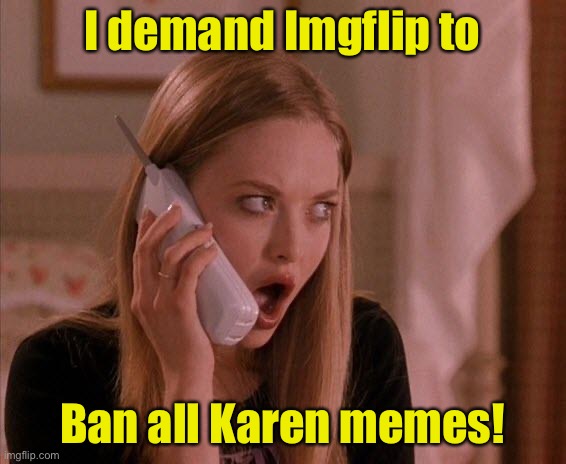 karen from mean girls | I demand Imgflip to; Ban all Karen memes! | image tagged in karen from mean girls | made w/ Imgflip meme maker