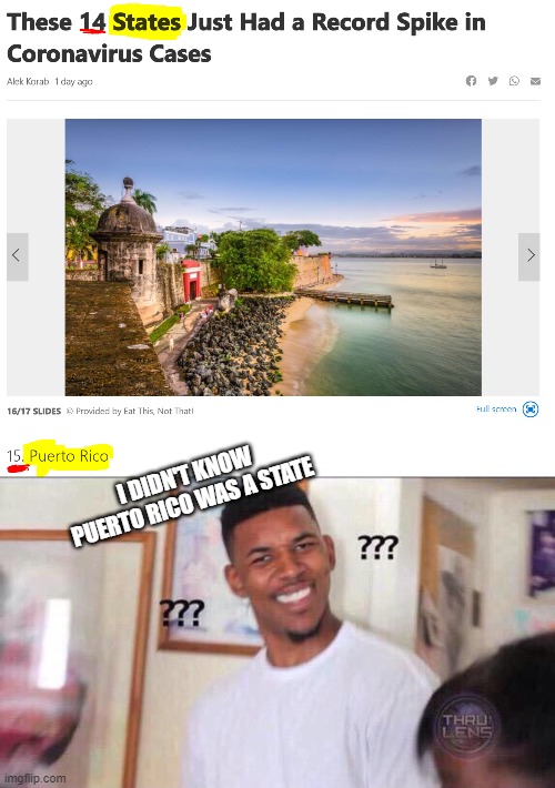 I DIDN'T KNOW PUERTO RICO WAS A STATE | image tagged in black guy confused | made w/ Imgflip meme maker