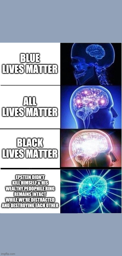 In case you were wondering.... | BLUE LIVES MATTER; ALL LIVES MATTER; BLACK LIVES MATTER; EPSTEIN DIDN'T KILL HIMSELF & HIS WEALTHY PEDOPHILE RING REMAINS INTACT WHILE WE'RE DISTRACTED AND DESTROYING EACH OTHER | image tagged in memes,expanding brain,black lives matter,jeffrey epstein,all lives matter | made w/ Imgflip meme maker