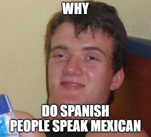 Why do Spanish people speak Mexican? | WHY; DO SPANISH PEOPLE SPEAK MEXICAN | image tagged in memes,10 guy,funny,so true memes,lol so funny,unnecessary tags | made w/ Imgflip meme maker