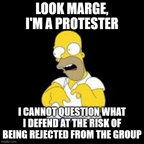 Garbage pack thinking | LOOK MARGE, I'M A PROTESTER; I CANNOT QUESTION WHAT I DEFEND AT THE RISK OF BEING REJECTED FROM THE GROUP | image tagged in look marge,memes,politics,freedom of speech,free will | made w/ Imgflip meme maker