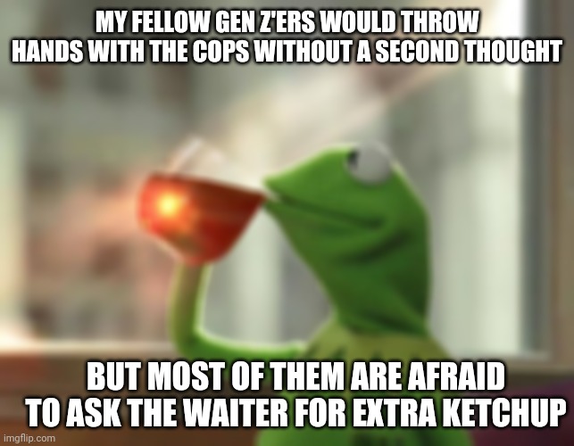 Gen z irony | MY FELLOW GEN Z'ERS WOULD THROW HANDS WITH THE COPS WITHOUT A SECOND THOUGHT; BUT MOST OF THEM ARE AFRAID TO ASK THE WAITER FOR EXTRA KETCHUP | image tagged in memes,but that's none of my business neutral,generation z | made w/ Imgflip meme maker