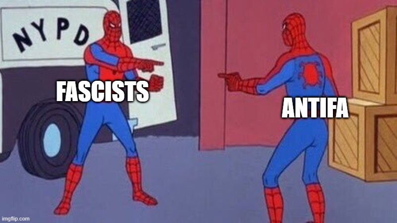 Same bullying methods, with the same goal: become the Caliph in the place of the Caliph | FASCISTS; ANTIFA | image tagged in spiderman pointing at spiderman,antifa | made w/ Imgflip meme maker
