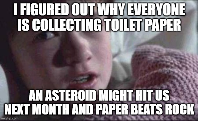 I See Dead People | I FIGURED OUT WHY EVERYONE IS COLLECTING TOILET PAPER; AN ASTEROID MIGHT HIT US NEXT MONTH AND PAPER BEATS ROCK | image tagged in memes,i see dead people | made w/ Imgflip meme maker