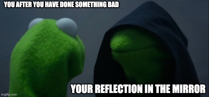 Evil Kermit Meme | YOU AFTER YOU HAVE DONE SOMETHING BAD; YOUR REFLECTION IN THE MIRROR | image tagged in memes,evil kermit | made w/ Imgflip meme maker