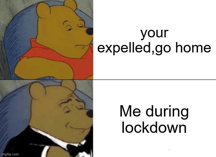 Tuxedo Winnie The Pooh Meme | your expelled,go home; Me during lockdown | image tagged in memes,tuxedo winnie the pooh | made w/ Imgflip meme maker