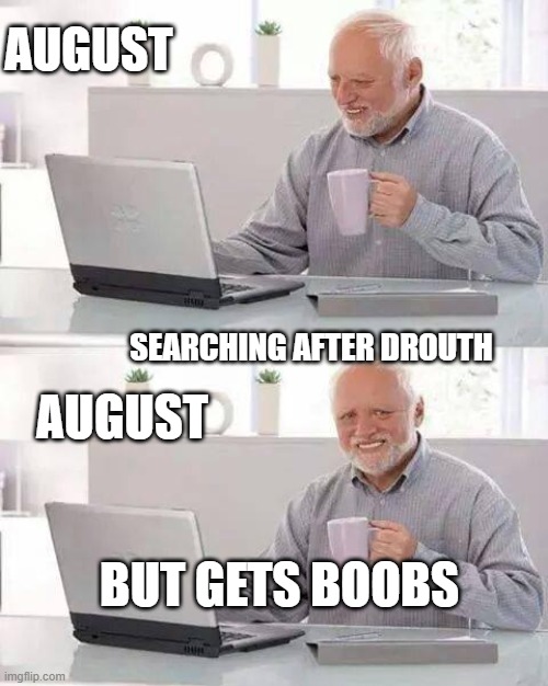 august meme | AUGUST; SEARCHING AFTER DROUTH; AUGUST; BUT GETS BOOBS | image tagged in memes,hide the pain harold | made w/ Imgflip meme maker