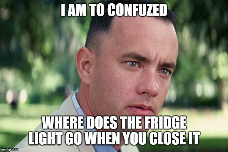 Fridge confuzment | I AM TO CONFUZED; WHERE DOES THE FRIDGE LIGHT GO WHEN YOU CLOSE IT | image tagged in memes,and just like that | made w/ Imgflip meme maker