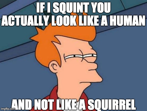 Futurama Fry | IF I SQUINT YOU ACTUALLY LOOK LIKE A HUMAN; AND NOT LIKE A SQUIRREL | image tagged in memes,futurama fry | made w/ Imgflip meme maker