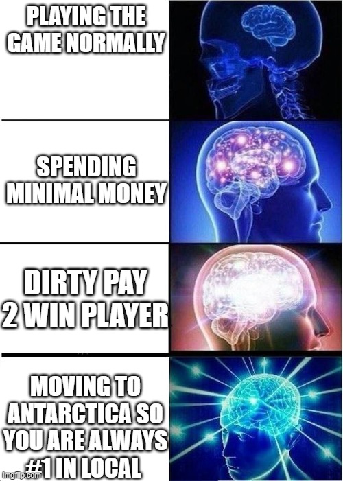 levels of intelligence | PLAYING THE GAME NORMALLY; SPENDING MINIMAL MONEY; DIRTY PAY 2 WIN PLAYER; MOVING TO ANTARCTICA SO YOU ARE ALWAYS #1 IN LOCAL | image tagged in levels of intelligence | made w/ Imgflip meme maker