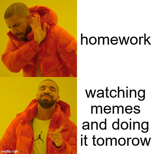 Drake Hotline Bling | homework; watching memes and doing it tomorow | image tagged in memes,drake hotline bling | made w/ Imgflip meme maker