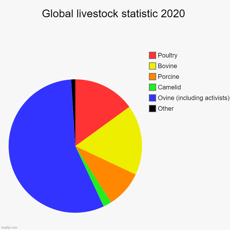 Global livestock statistic 2020 | Other, Ovine (including activists), Camelid, Porcine, Bovine , Poultry | image tagged in charts,pie charts | made w/ Imgflip chart maker