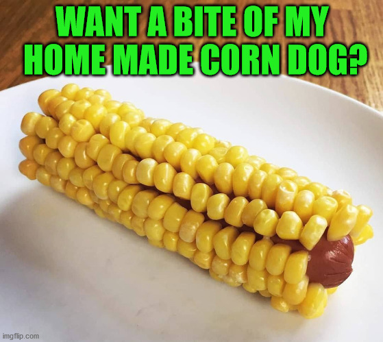 Now this is a a real corn dog. |  WANT A BITE OF MY 
HOME MADE CORN DOG? | image tagged in corn dogs,funny food | made w/ Imgflip meme maker