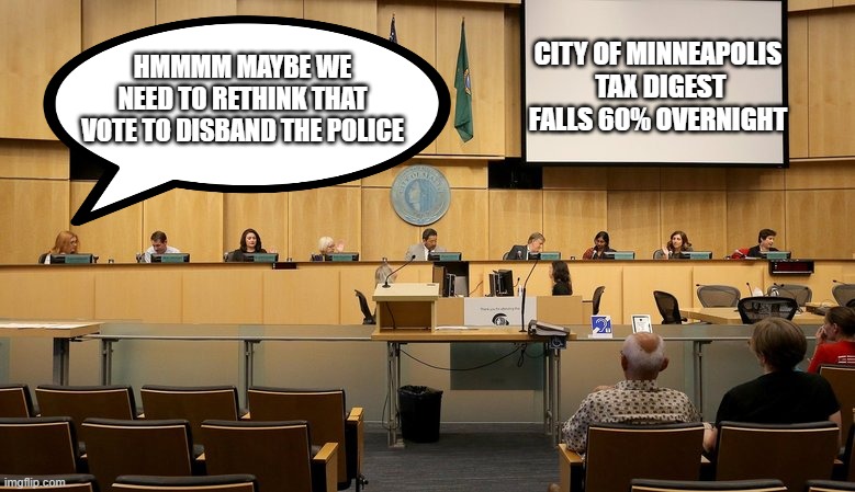 CITY OF MINNEAPOLIS  TAX DIGEST FALLS 60% OVERNIGHT HMMMM MAYBE WE NEED TO RETHINK THAT VOTE TO DISBAND THE POLICE | made w/ Imgflip meme maker