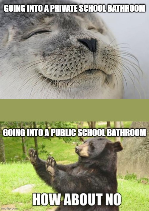 GOING INTO A PRIVATE SCHOOL BATHROOM; GOING INTO A PUBLIC SCHOOL BATHROOM | image tagged in memes,how about no bear,satisfied seal | made w/ Imgflip meme maker
