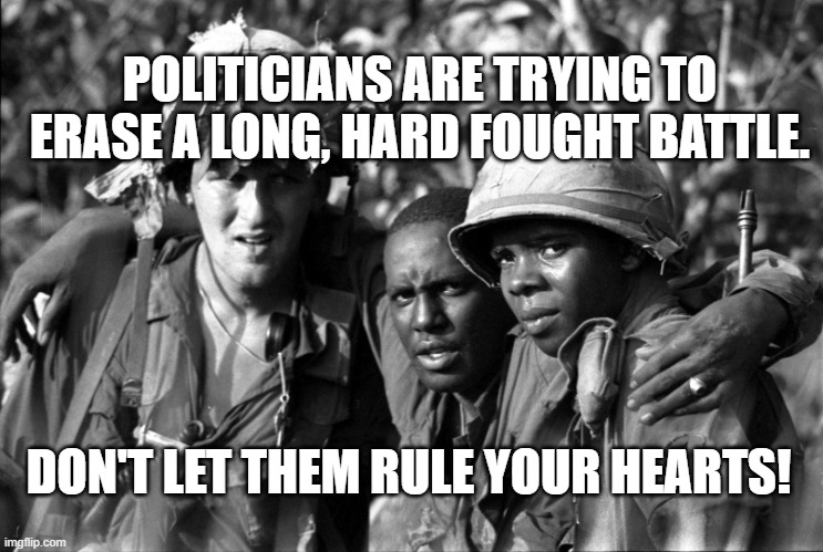 Americans | POLITICIANS ARE TRYING TO ERASE A LONG, HARD FOUGHT BATTLE. DON'T LET THEM RULE YOUR HEARTS! | image tagged in americans | made w/ Imgflip meme maker