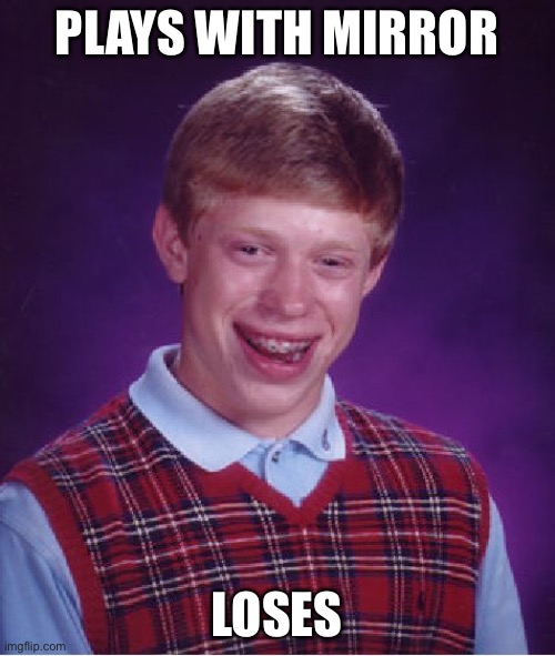 OOF | PLAYS WITH MIRROR; LOSES | image tagged in memes,bad luck brian,mirror,loser,funny,stop reading the tags | made w/ Imgflip meme maker