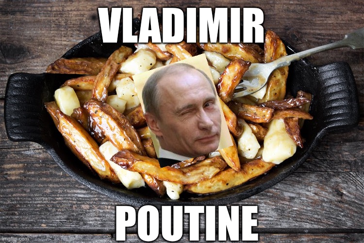 Really dumb one lol but just popped into my head. | VLADIMIR; POUTINE | image tagged in poutine,political humor,vladimir putin,putin,bad pun,bad puns | made w/ Imgflip meme maker