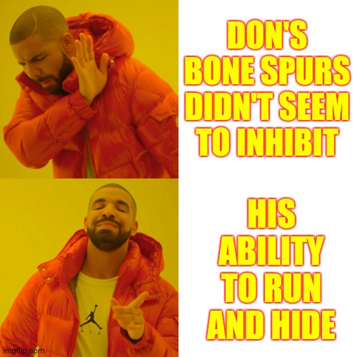 That's President Bunker Boy To You | DON'S BONE SPURS DIDN'T SEEM TO INHIBIT; HIS ABILITY TO RUN AND HIDE | image tagged in memes,drake hotline bling,trump unfit unqualified dangerous,liar in chief,trump is an asshole,donald trump is an idiot | made w/ Imgflip meme maker