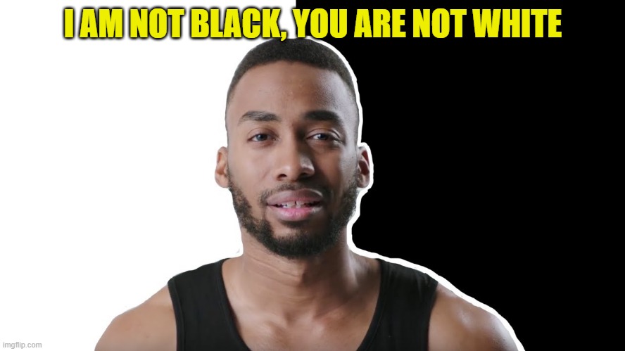 I Am NOT Black, You are NOT White | I AM NOT BLACK, YOU ARE NOT WHITE | image tagged in i am not black,you are not white,black,white,not | made w/ Imgflip meme maker