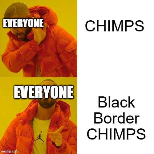 Drake Hotline Bling Meme | CHIMPS; EVERYONE; EVERYONE; Black Border CHIMPS | image tagged in memes,drake hotline bling | made w/ Imgflip meme maker