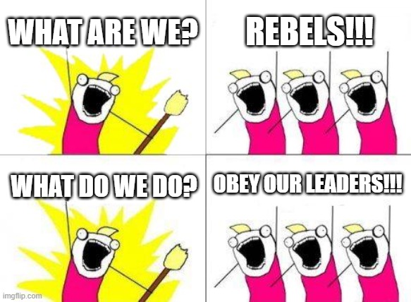 What Do We Want | WHAT ARE WE? REBELS!!! OBEY OUR LEADERS!!! WHAT DO WE DO? | image tagged in memes,what do we want,memes | made w/ Imgflip meme maker