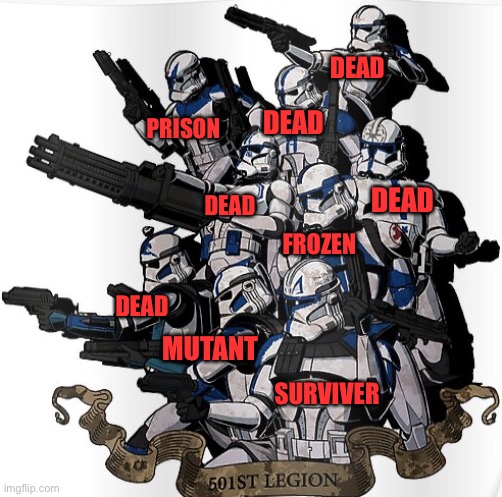 The 501st | DEAD; DEAD; PRISON; DEAD; DEAD; FROZEN; DEAD; MUTANT; SURVIVER | image tagged in clone trooper,dead,prison,mutant,frozen | made w/ Imgflip meme maker