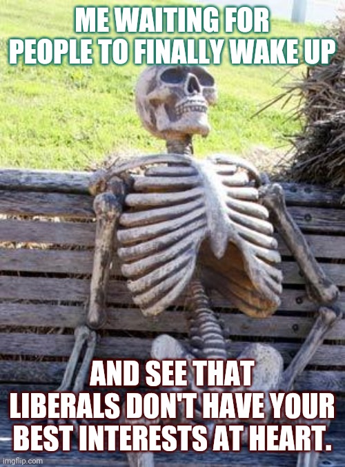 Waiting Skeleton Meme | ME WAITING FOR PEOPLE TO FINALLY WAKE UP; AND SEE THAT LIBERALS DON'T HAVE YOUR BEST INTERESTS AT HEART. | image tagged in memes,waiting skeleton | made w/ Imgflip meme maker