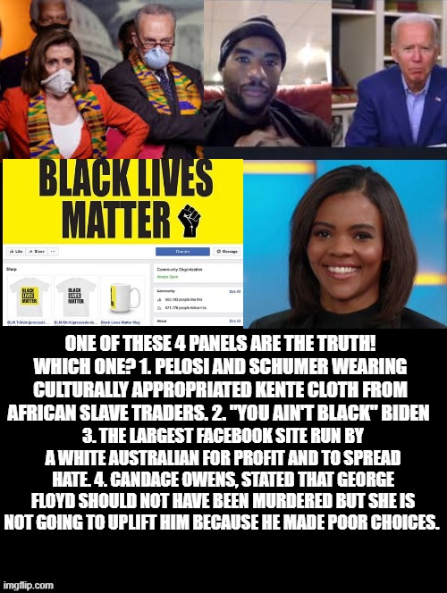 Which Panel Do You Support? | ONE OF THESE 4 PANELS ARE THE TRUTH! WHICH ONE? 1. PELOSI AND SCHUMER WEARING CULTURALLY APPROPRIATED KENTE CLOTH FROM AFRICAN SLAVE TRADERS. 2. "YOU AIN'T BLACK" BIDEN; 3. THE LARGEST FACEBOOK SITE RUN BY A WHITE AUSTRALIAN FOR PROFIT AND TO SPREAD HATE. 4. CANDACE OWENS, STATED THAT GEORGE FLOYD SHOULD NOT HAVE BEEN MURDERED BUT SHE IS NOT GOING TO UPLIFT HIM BECAUSE HE MADE POOR CHOICES. | image tagged in stupid liberals,nancy pelosi,chuck schumer,black lives matter,biden | made w/ Imgflip meme maker