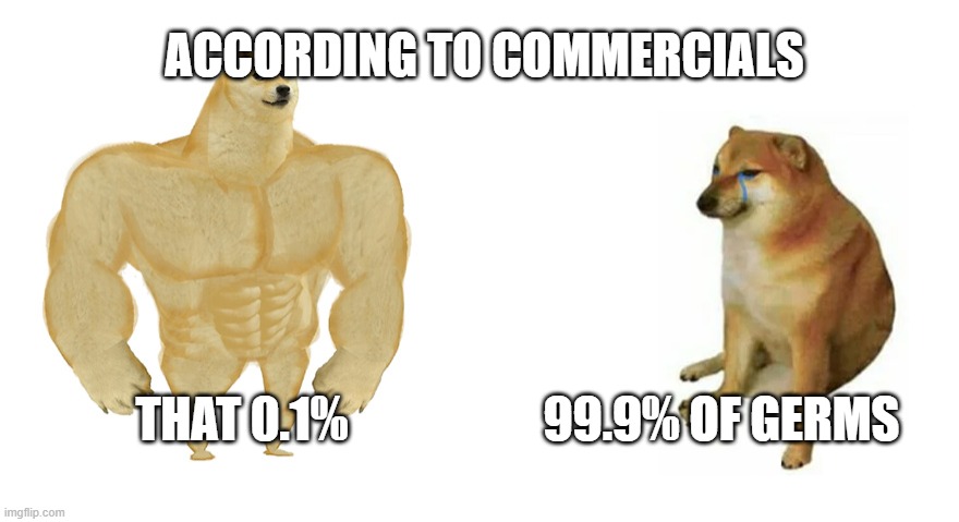 That 0.1% | ACCORDING TO COMMERCIALS; 99.9% OF GERMS; THAT 0.1% | image tagged in doge strong and doge weak,dankmemes | made w/ Imgflip meme maker