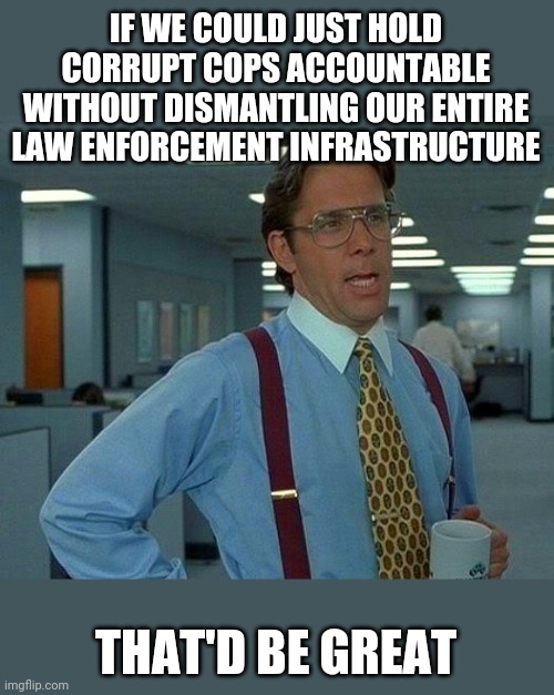 Throwing the baby out with the bathwater... | IF WE COULD JUST HOLD CORRUPT COPS ACCOUNTABLE WITHOUT DISMANTLING OUR ENTIRE LAW ENFORCEMENT INFRASTRUCTURE; THAT'D BE GREAT | image tagged in memes,that would be great,law and order,cops,black lives matter | made w/ Imgflip meme maker