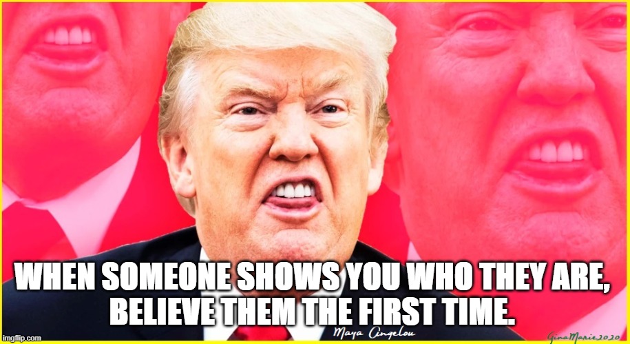 We know who Trump is. | WHEN SOMEONE SHOWS YOU WHO THEY ARE, 
BELIEVE THEM THE FIRST TIME. | image tagged in trump,evil,maya angelou,snake | made w/ Imgflip meme maker