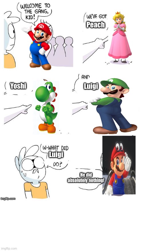 A meme that Mario fans will get!! | Peach; Yoshi; Luigi; Luigi; He did absolutely nothing! | image tagged in crimes johnson,mario,luigi,funny | made w/ Imgflip meme maker
