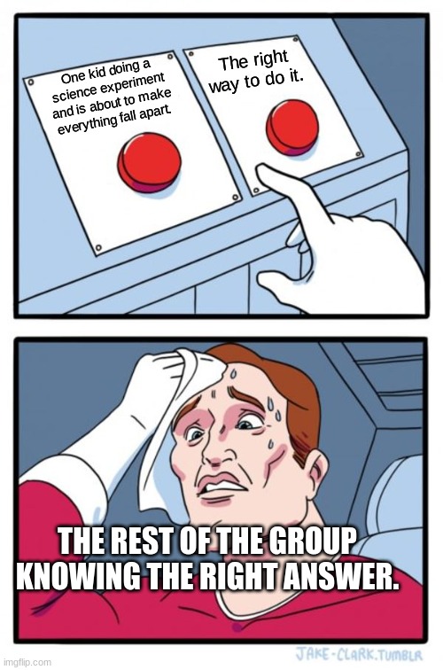 Two Buttons Meme | The right way to do it. One kid doing a science experiment and is about to make everything fall apart. THE REST OF THE GROUP KNOWING THE RIGHT ANSWER. | image tagged in memes,two buttons | made w/ Imgflip meme maker