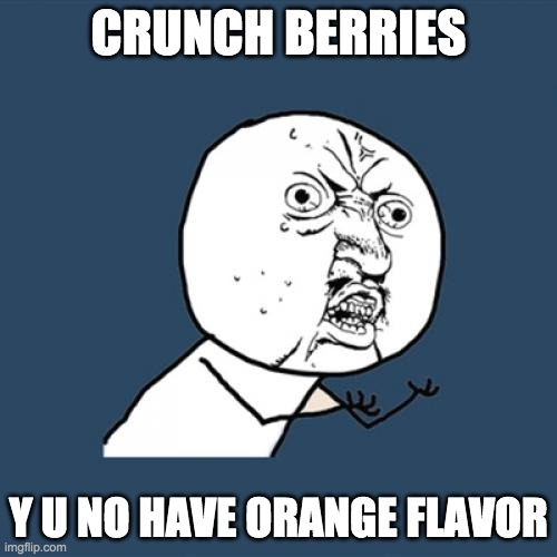 Y U No | CRUNCH BERRIES; Y U NO HAVE ORANGE FLAVOR | image tagged in memes,y u no | made w/ Imgflip meme maker