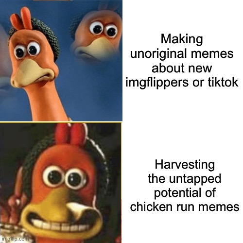 Chicken run | Making unoriginal memes about new imgflippers or tiktok; Harvesting the untapped potential of chicken run memes | image tagged in memes,chicken run,funny,dank memes,tik tok,trends | made w/ Imgflip meme maker