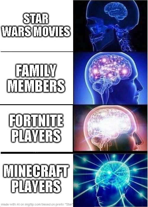 Fortnite almost is cool but it SUCKS | STAR WARS MOVIES; FAMILY MEMBERS; FORTNITE PLAYERS; MINECRAFT PLAYERS | image tagged in memes,expanding brain,games | made w/ Imgflip meme maker