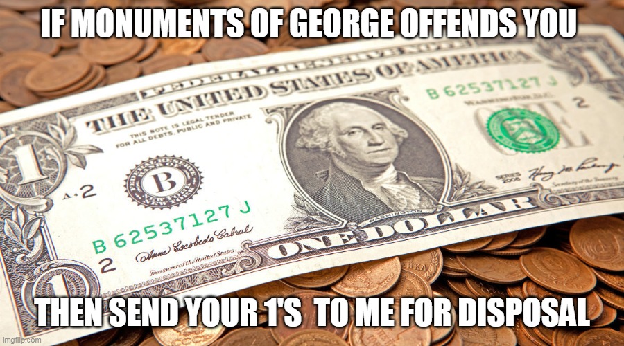 george | IF MONUMENTS OF GEORGE OFFENDS YOU; THEN SEND YOUR 1'S  TO ME FOR DISPOSAL | image tagged in george washington | made w/ Imgflip meme maker