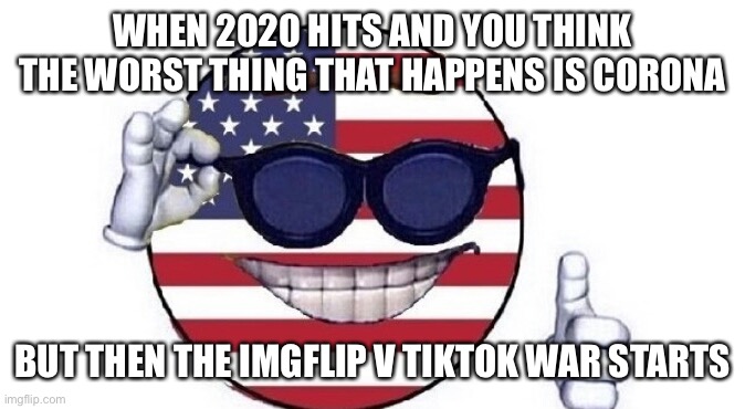 The Great War | WHEN 2020 HITS AND YOU THINK THE WORST THING THAT HAPPENS IS CORONA; BUT THEN THE IMGFLIP V TIKTOK WAR STARTS | image tagged in usa picardia | made w/ Imgflip meme maker