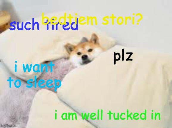 doge | bedtiem stori? such tired; plz; i want to sleep; i am well tucked in | image tagged in doge | made w/ Imgflip meme maker