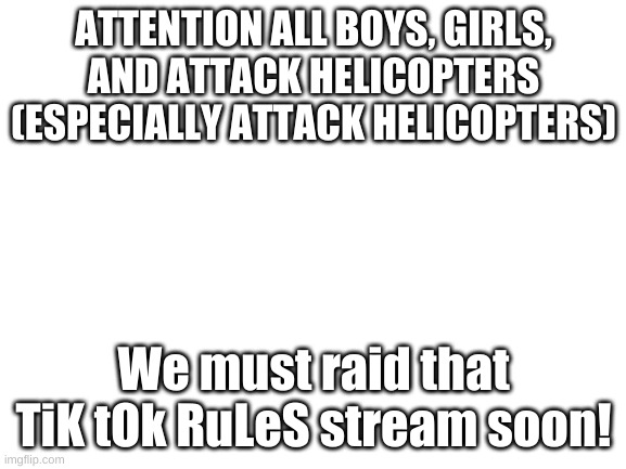 Blank White Template | ATTENTION ALL BOYS, GIRLS, AND ATTACK HELICOPTERS (ESPECIALLY ATTACK HELICOPTERS); We must raid that TiK tOk RuLeS stream soon! | image tagged in blank white template | made w/ Imgflip meme maker
