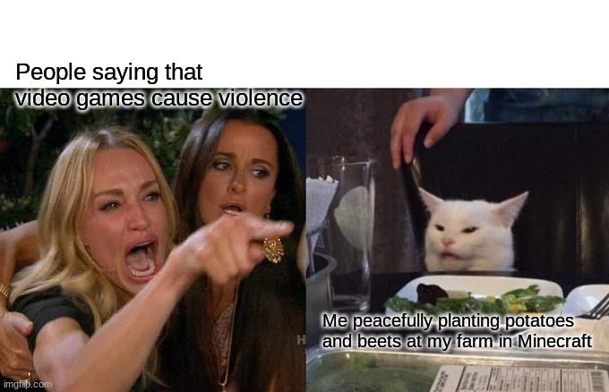 Woman Yelling At Cat Meme | People saying that video games cause violence; Me peacefully planting potatoes and beets at my farm in Minecraft | image tagged in memes,woman yelling at cat | made w/ Imgflip meme maker