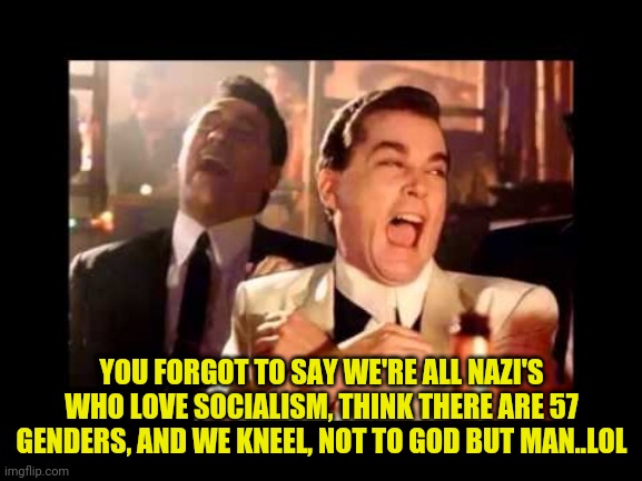 Ray Liota Luagh | YOU FORGOT TO SAY WE'RE ALL NAZI'S WHO LOVE SOCIALISM, THINK THERE ARE 57 GENDERS, AND WE KNEEL, NOT TO GOD BUT MAN..LOL | image tagged in ray liota luagh | made w/ Imgflip meme maker