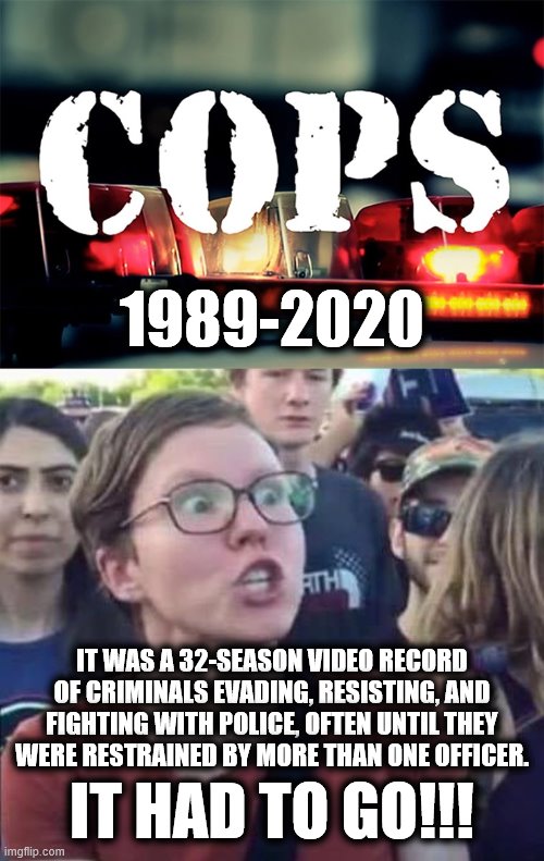 George Orwell called it! | 1989-2020; IT WAS A 32-SEASON VIDEO RECORD OF CRIMINALS EVADING, RESISTING, AND FIGHTING WITH POLICE, OFTEN UNTIL THEY WERE RESTRAINED BY MORE THAN ONE OFFICER. IT HAD TO GO!!! | image tagged in angry liberal,cops,video record,stupid criminals | made w/ Imgflip meme maker