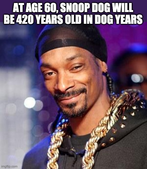This day will be legendary | AT AGE 60, SNOOP DOG WILL BE 420 YEARS OLD IN DOG YEARS | image tagged in snoop dogg | made w/ Imgflip meme maker