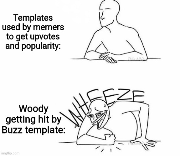 Wheeze | Templates used by memers to get upvotes and popularity: Woody getting hit by Buzz template: | image tagged in wheeze | made w/ Imgflip meme maker