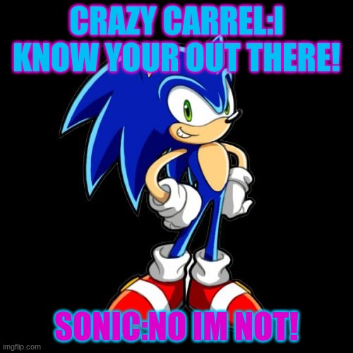 sonic | CRAZY CARREL:I KNOW YOUR OUT THERE! SONIC:NO IM NOT! | image tagged in memes | made w/ Imgflip meme maker